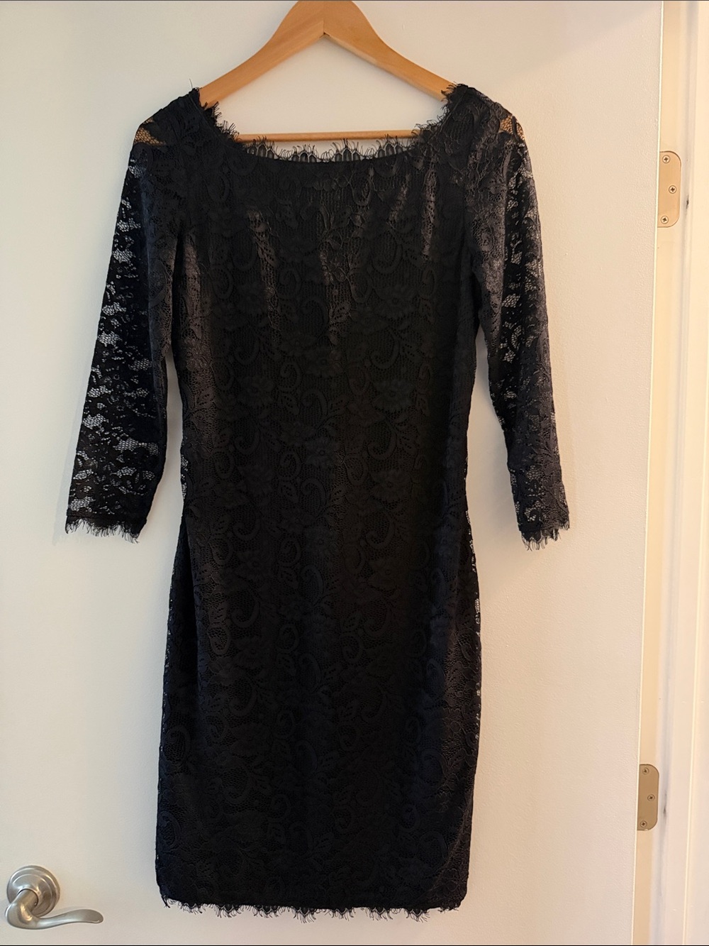 Onyx Black Lace Midi Dress with Three-Quarter Sleeves